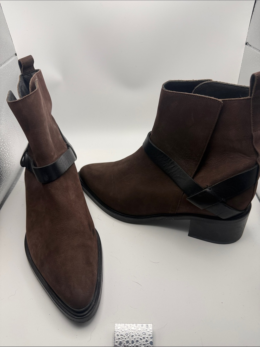 All Saints Womenβs Brown Suede Ankle Boots with Black Strap 39/8 1/2